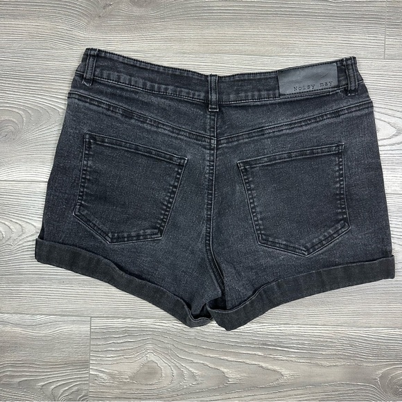 Noisy May Black Denim Shorts Rolled Hem L High Rise Casual Distressed - Picture 4 of 5